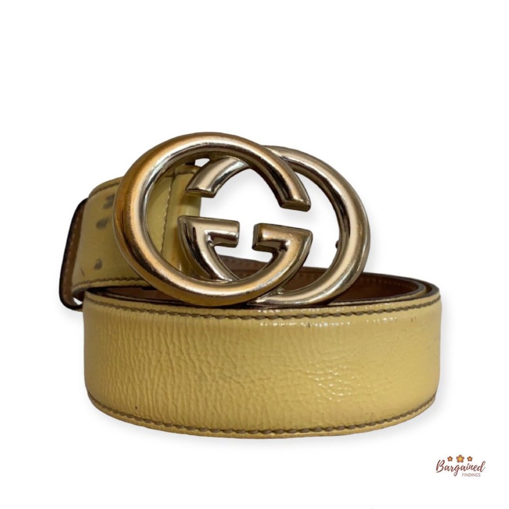 Authentic Gucci Yellow Patent Leather Gold Interlocking G Buckle Belt 85/34